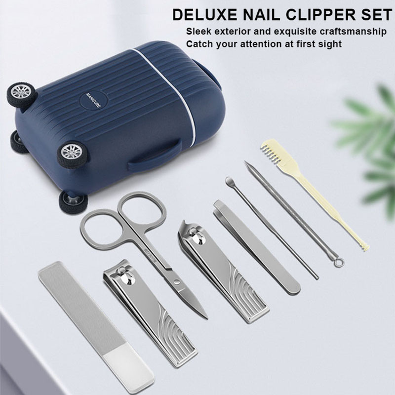 Custom Logo 8 in 1 Manicure Gift Set Stainless Steel Nail Clipper Nose Hair Trimmer Grooming Tool Kit with Magnetic Travel Case