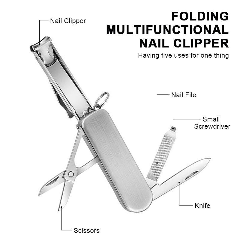 Multifunctional Foldable Stainless Steel Nail Clipper Portable Camping Knife Scissors 5 in 1 Fingernail Cutter with Keychain