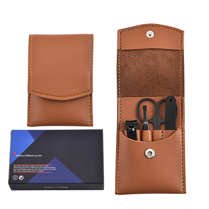 Top-selling Nail Clipper Set 4pcs Stainless Steel Eyebrow Tweezer Beauty Scissor Filer Manicure Kits with Leather Travel Bag