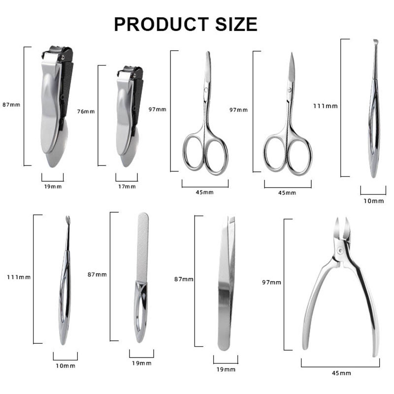 Professional 9pcs Manicure and Pedicure Set Stainless Steel Personal Care Nail Grooming Tools Kit With Luxury Leather Case