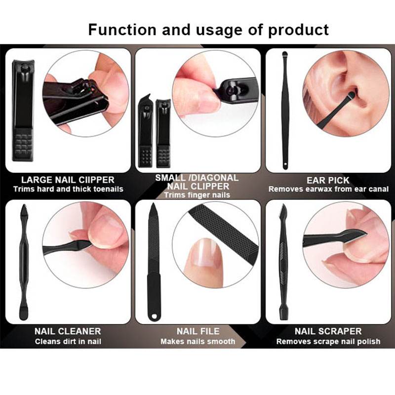 18pcs Black Manicure and Pedicure Set Stainless Steel Scissors Nail Clipper Grooming Tool Kit with Luxurious Leather Travel Case