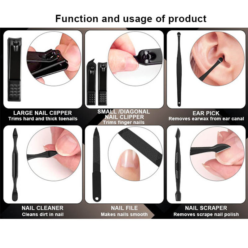 18pcs Black Manicure and Pedicure Set Stainless Steel Scissors Nail Clipper Grooming Tool Kit with Luxurious Leather Travel Case