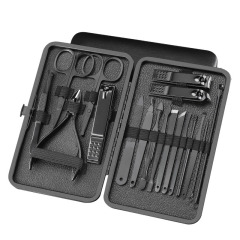 18pcs Black Manicure and Pedicure Set Stainless Steel Scissors Nail Clipper Grooming Tool Kit with Luxurious Leather Travel Case