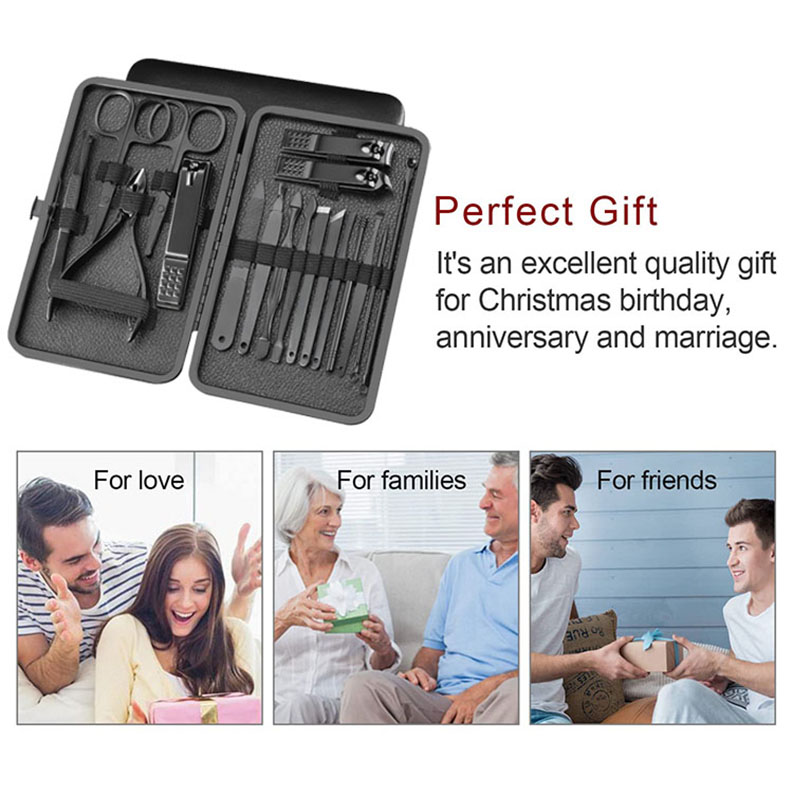 18pcs Black Manicure and Pedicure Set Stainless Steel Scissors Nail Clipper Grooming Tool Kit with Luxurious Leather Travel Case