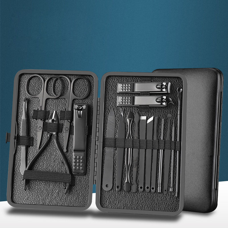 18pcs Black Manicure and Pedicure Set Stainless Steel Scissors Nail Clipper Grooming Tool Kit with Luxurious Leather Travel Case