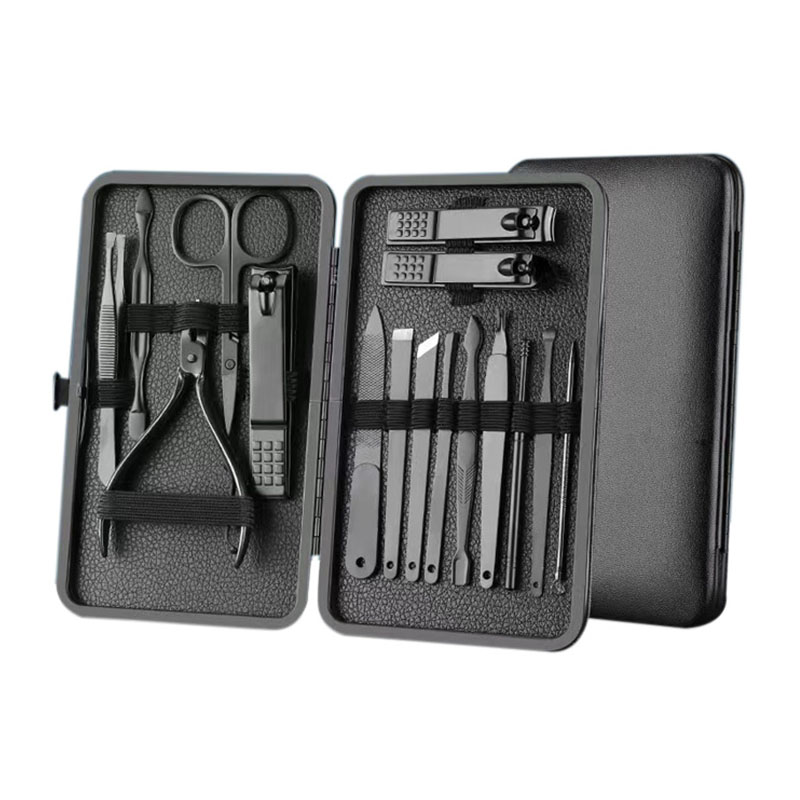18pcs Black Manicure and Pedicure Set Stainless Steel Scissors Nail Clipper Grooming Tool Kit with Luxurious Leather Travel Case