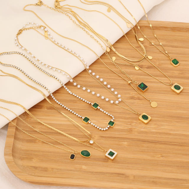 Emerald statement stainless steel necklace