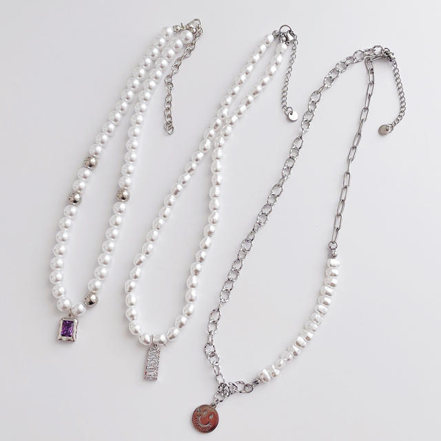 New Pearl stitching metal chain necklace