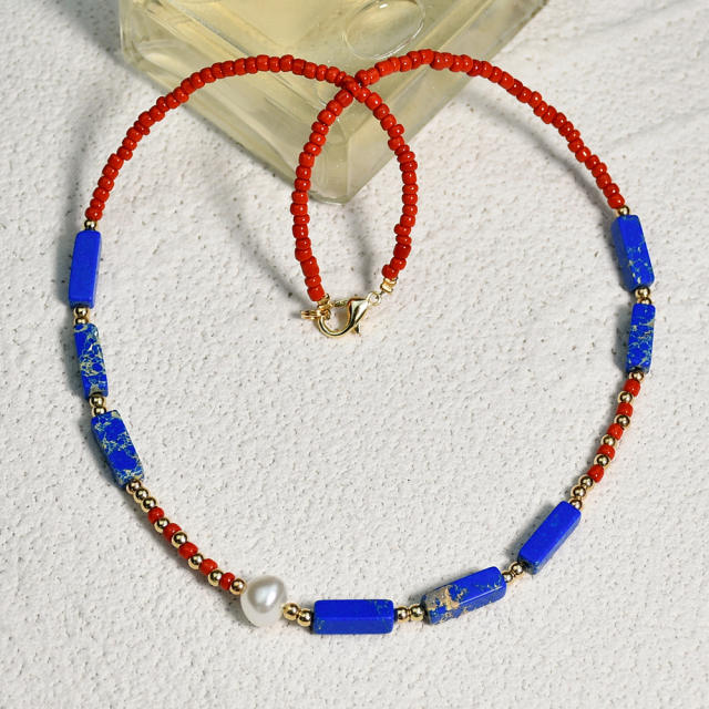 Boho blue color semi jewel pearl bead choker necklace