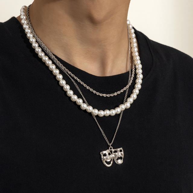 Faux pearl chain three layer mask pendant mens necklace set