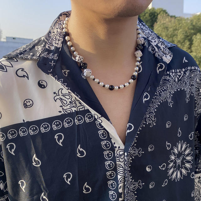 Punk design faux pearl choker necklace for men