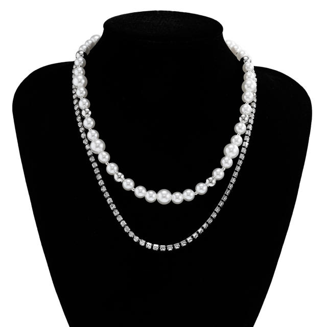 Personality two layer pearl tennis chain men necklace