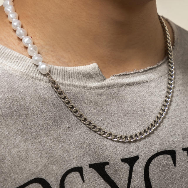 Hiphop pearl beads metal chain patchwork mens necklace