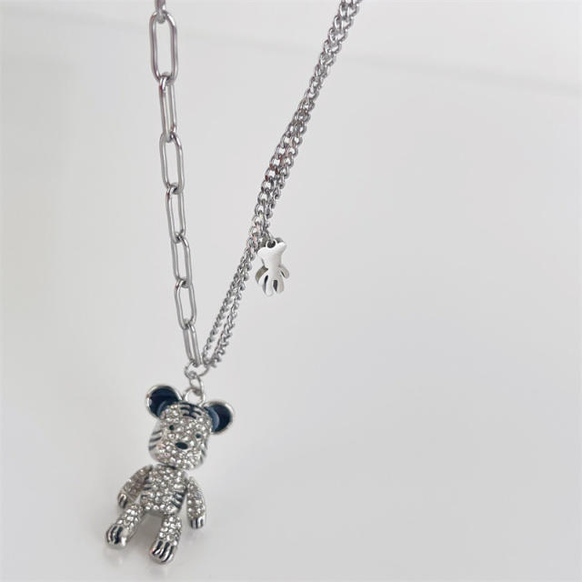 Funny pave setting bear pendant stainless steel necklace