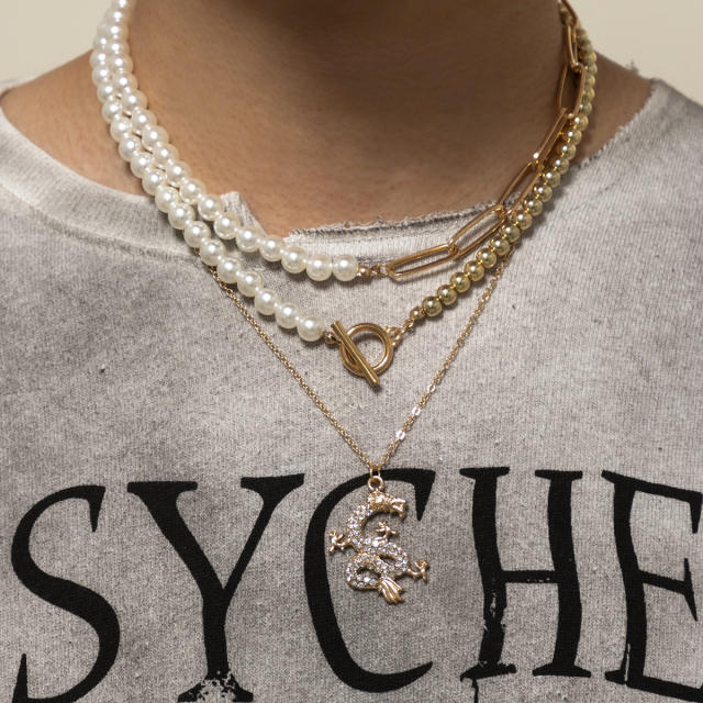 Diamond dragon pendant three layer pearl necklace for men
