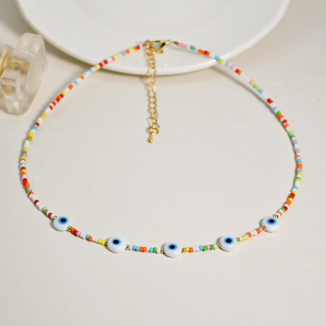 Boho color seed beads evil eye choker necklace