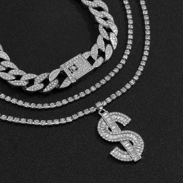 Three layer pave setting diamond hiphop mens necklace