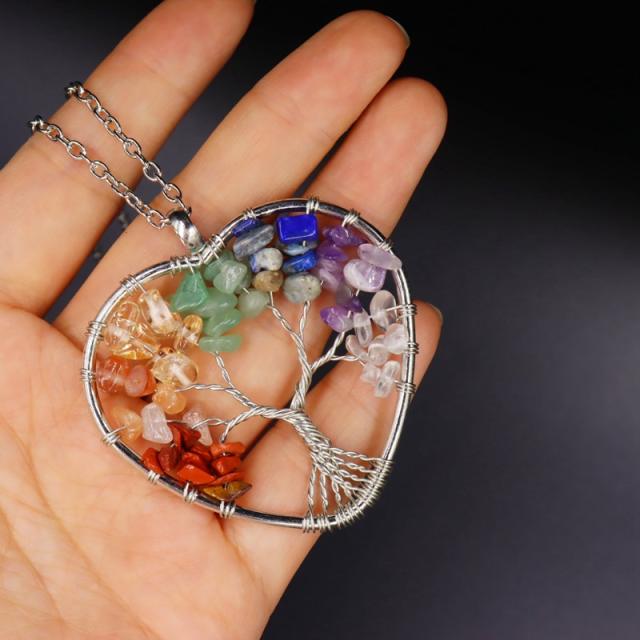 7-color natural stone crystal gravel Pachira macrocarpa hand-wound tree of life pendant necklace