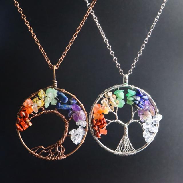 7-color natural stone crystal gravel Pachira macrocarpa hand-wound tree of life pendant necklace