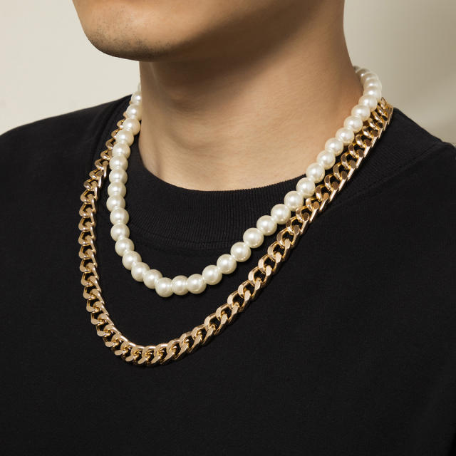 Faux pearl metal chain two layer mens necklace