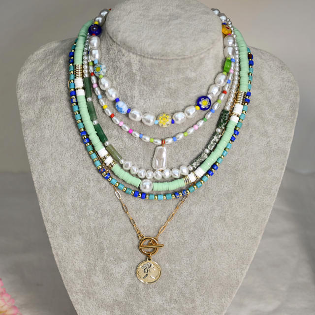 Boho color heishi beads water pearl layer necklace