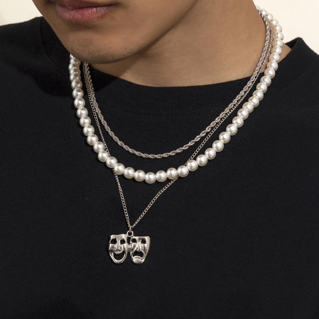 Faux pearl chain three layer mask pendant mens necklace set