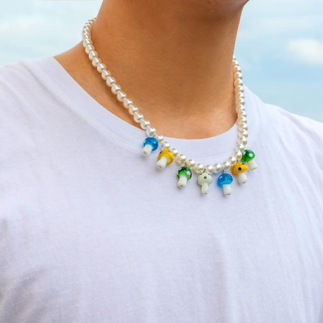 Color mushroom charm faux pearl mens necklace