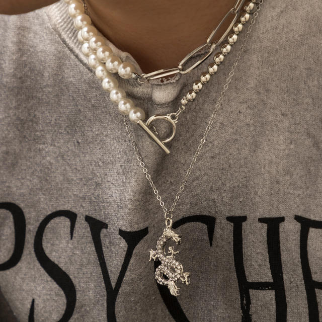 Diamond dragon pendant three layer pearl necklace for men