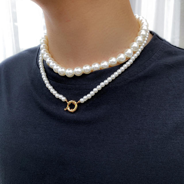 Two layer faux pearl beaded two layer mens necklace