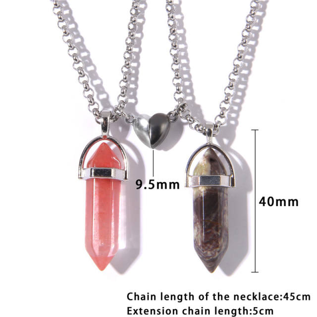 Love Heart magnetic snap natural hexagon prism stone pendant couple necklace