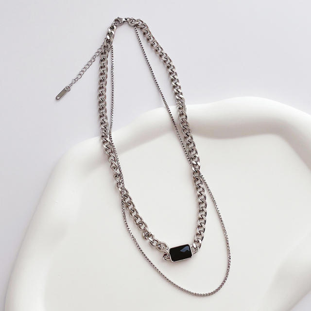 Double-layer several metal pendants stainless steel chain necklace