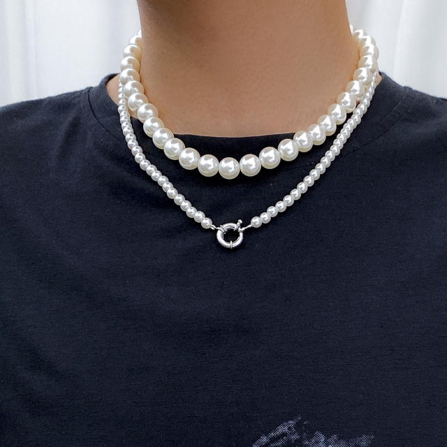 Two layer faux pearl beaded two layer mens necklace