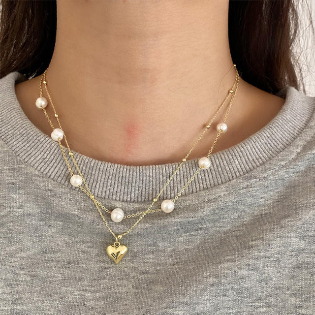 Dainty two layer water pearl beaded heart pendant necklace