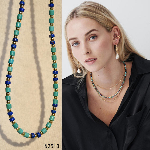 Boho color heishi beads water pearl layer necklace