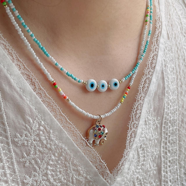 Boho color seed beads evil eye choker necklace
