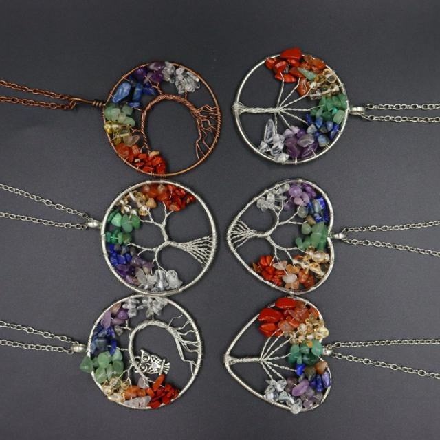 7-color natural stone crystal gravel Pachira macrocarpa hand-wound tree of life pendant necklace