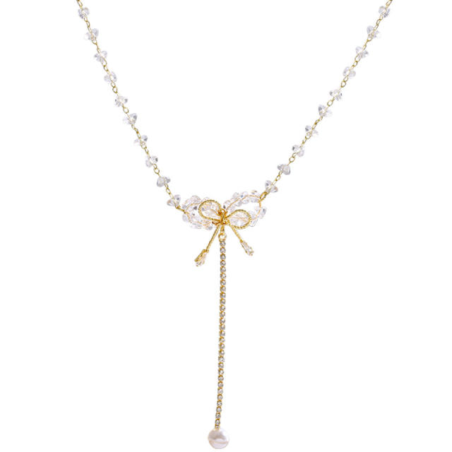White crystal beads diamond bow choker necklace