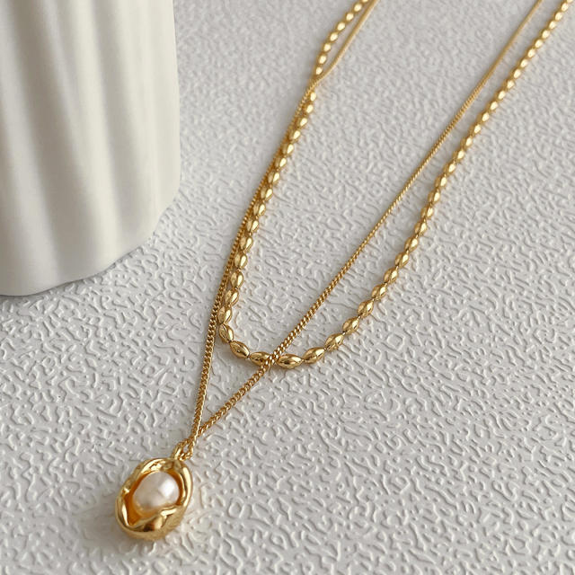 Korean fashion waterpearl pendant two layer dainty necklace