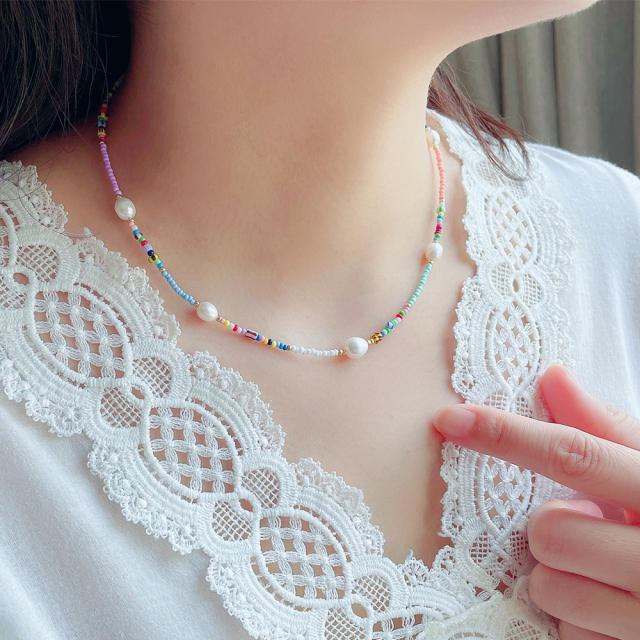 Summer design elegant color seed beads water pearl choker necklace