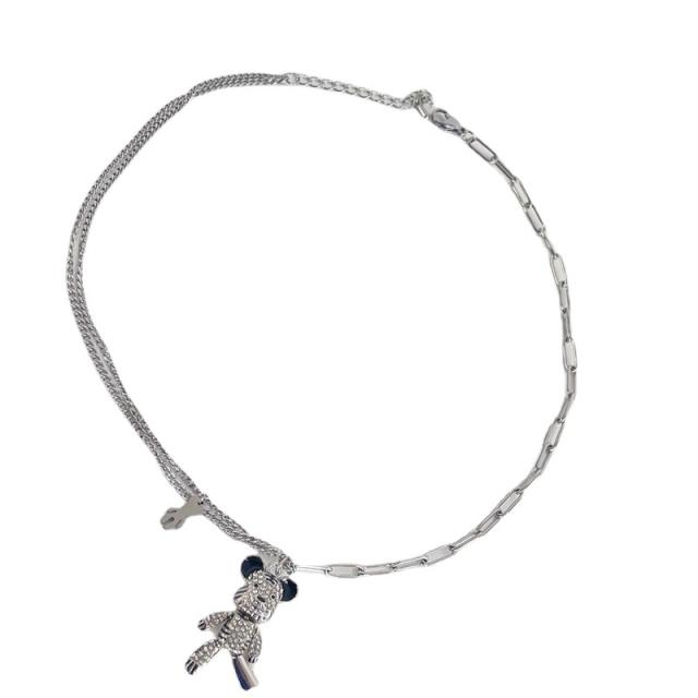 Funny pave setting bear pendant stainless steel necklace