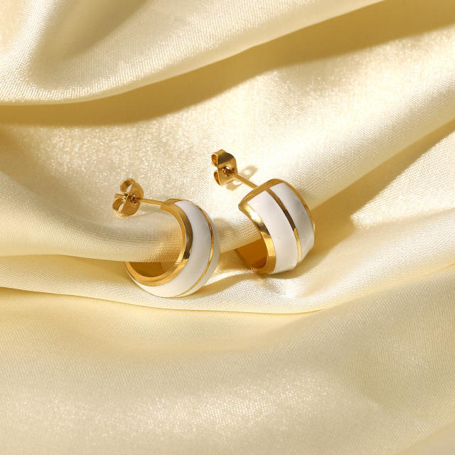 14KG white enamel open hoop earrings
