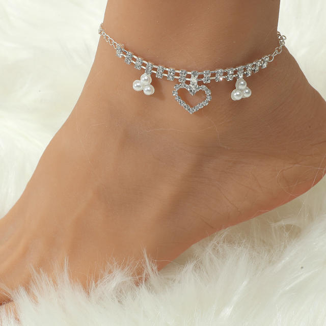 Heart pearl gem pendant rhinestone chain anklet