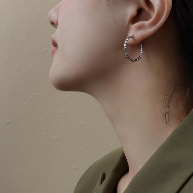 Stainless steel hoop bamboo earrings