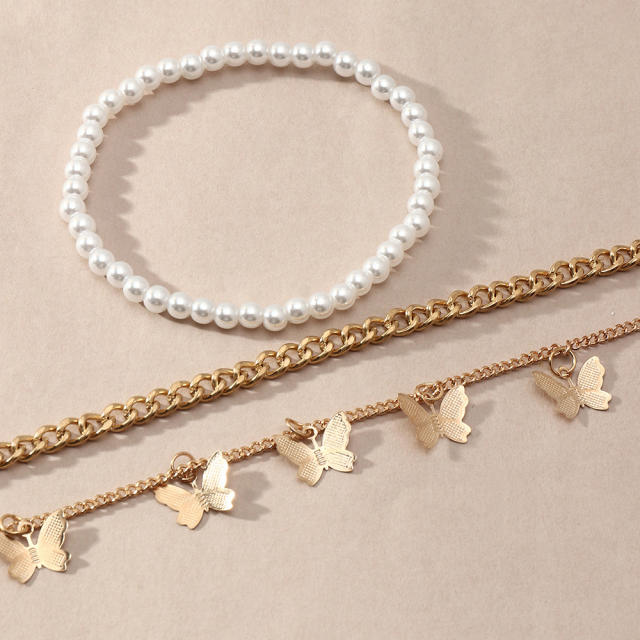 Butterfly charm pearl chain anklets 3 pieces set