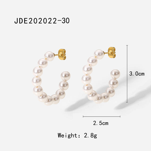 30mm pearl C shaped stainless steel hoop earrings