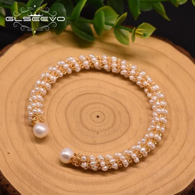 Exquisite winding-style natural pearl open bangle bracelet