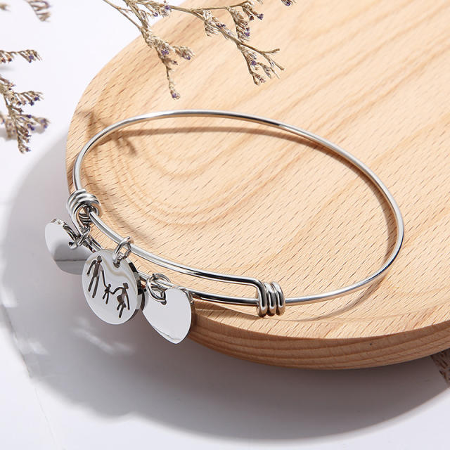 Family heart charm stainless steel bangle