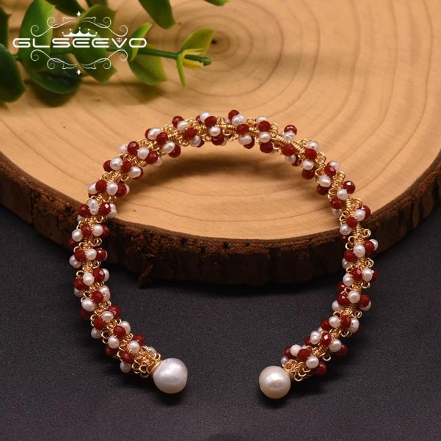Exquisite winding-style natural pearl open bangle bracelet