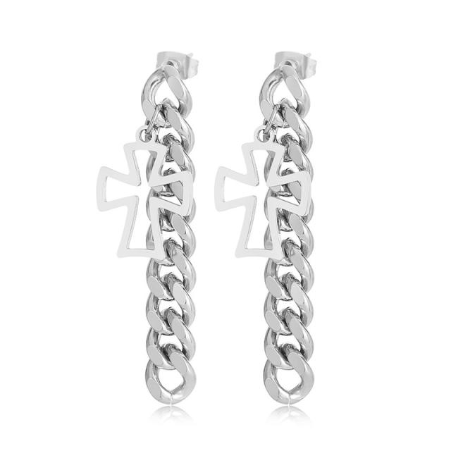 Stainless steel Cuban link chain cross earrings