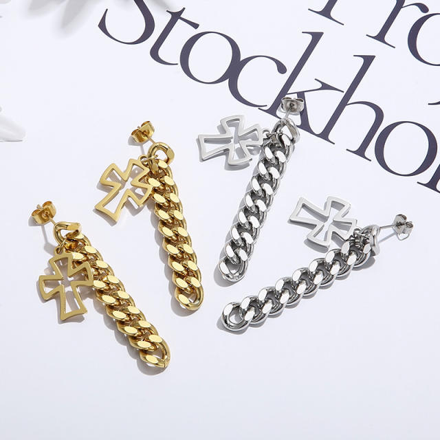 Stainless steel Cuban link chain cross earrings